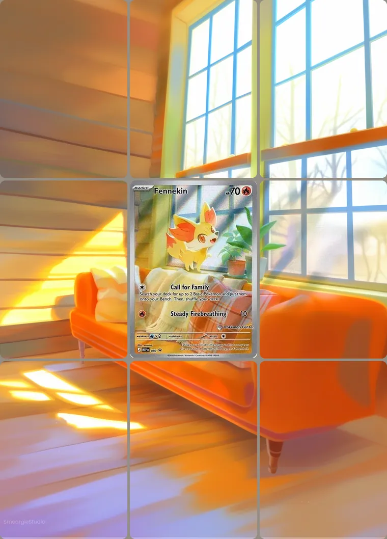 Fennekin 80 extended binder art: the card in the centre of a 3×3 binder page, its artwork continuing across the eight cards around it