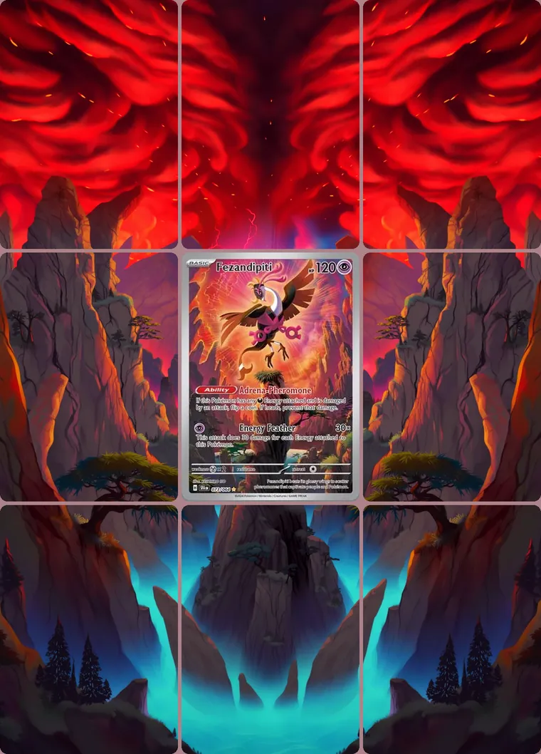 Fezandipiti 73/64 extended binder art: the card in the centre of a 3×3 binder page, its artwork continuing across the eight cards around it