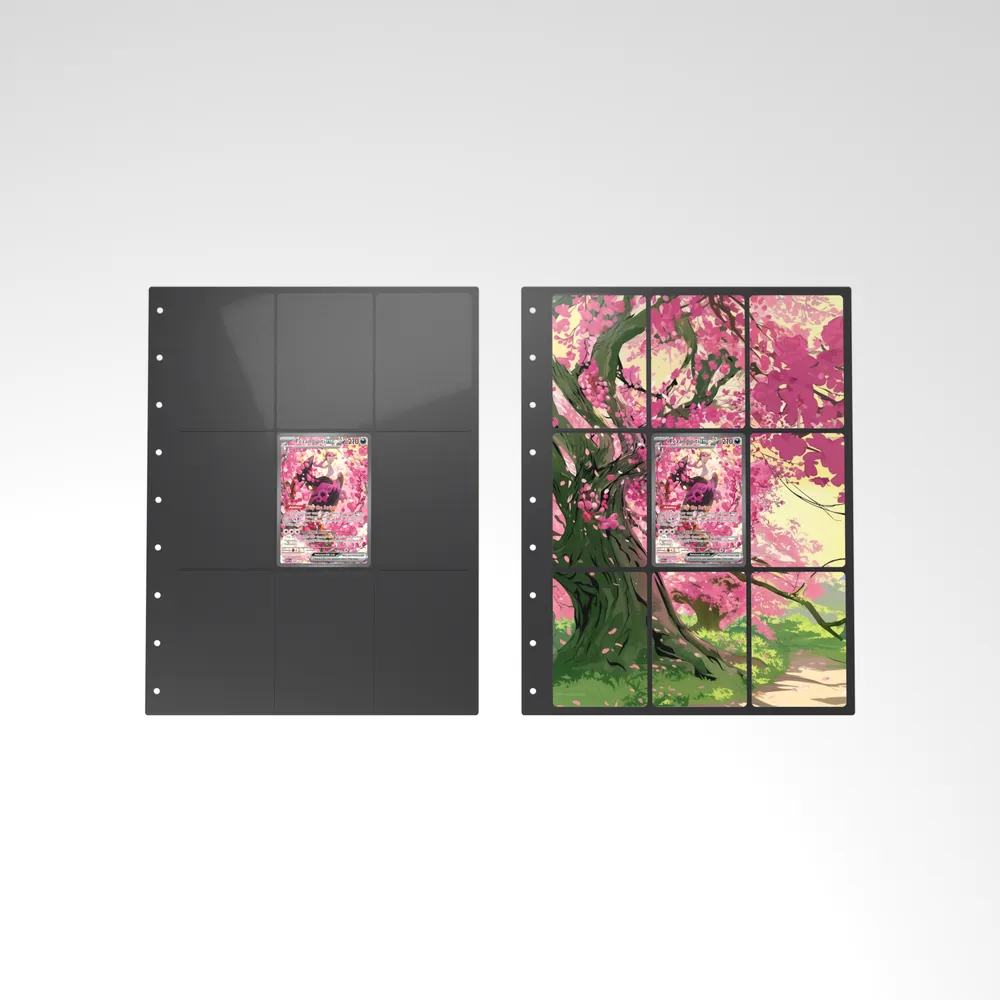 Before and after: the Fezandipiti ex card alone in an empty binder page, then surrounded by its eight extended-art cards