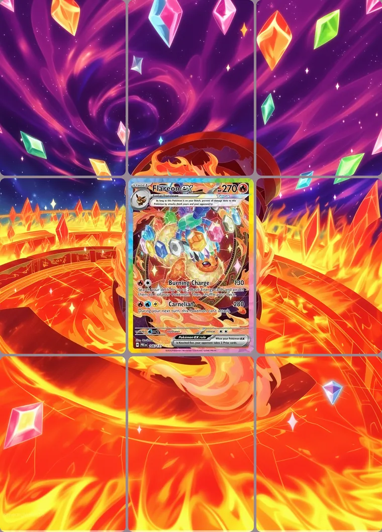 Flareon ex 146/131 extended binder art: the card in the centre of a 3×3 binder page, its artwork continuing across the eight cards around it