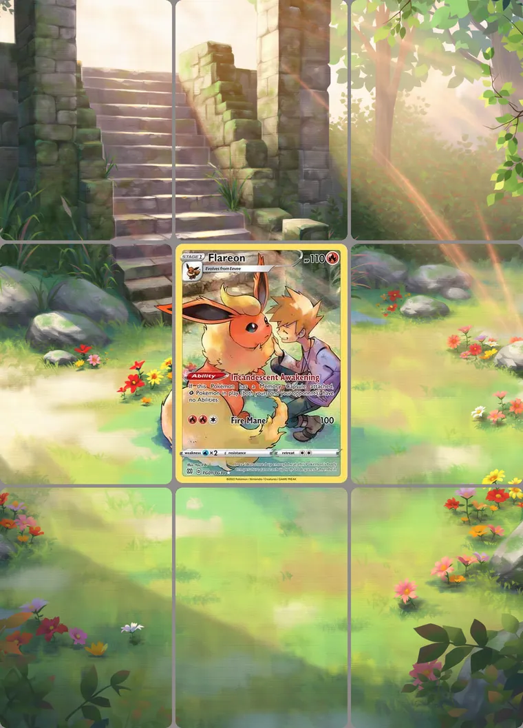 Flareon TG01/TG30 extended binder art: the card in the centre of a 3×3 binder page, its artwork continuing across the eight cards around it