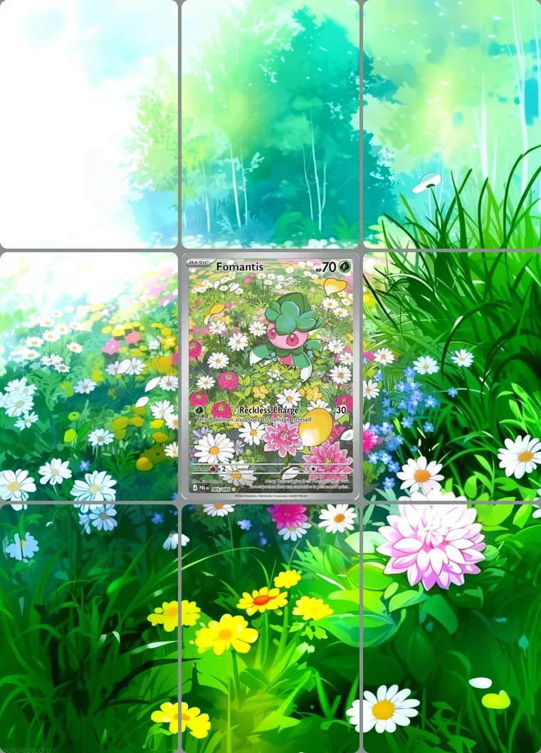 Fomantis 85/84 extended binder art: the card in the centre of a 3×3 binder page, its artwork continuing across the eight cards around it