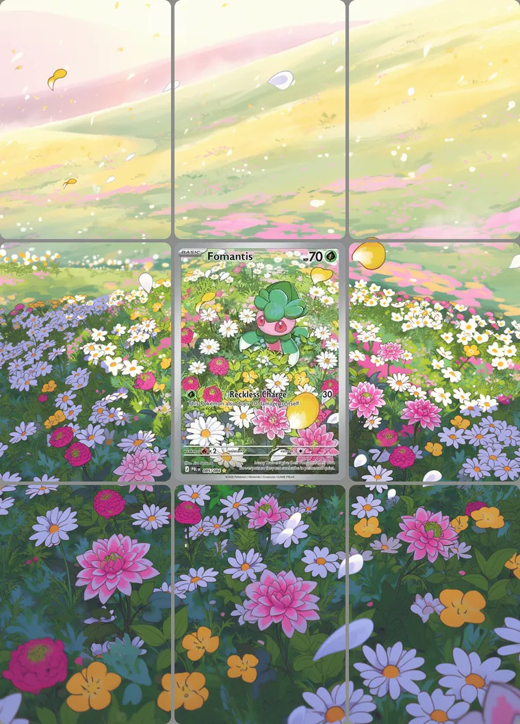 Fomantis 85/84 extended binder art: the card in the centre of a 3×3 binder page, its artwork continuing across the eight cards around it