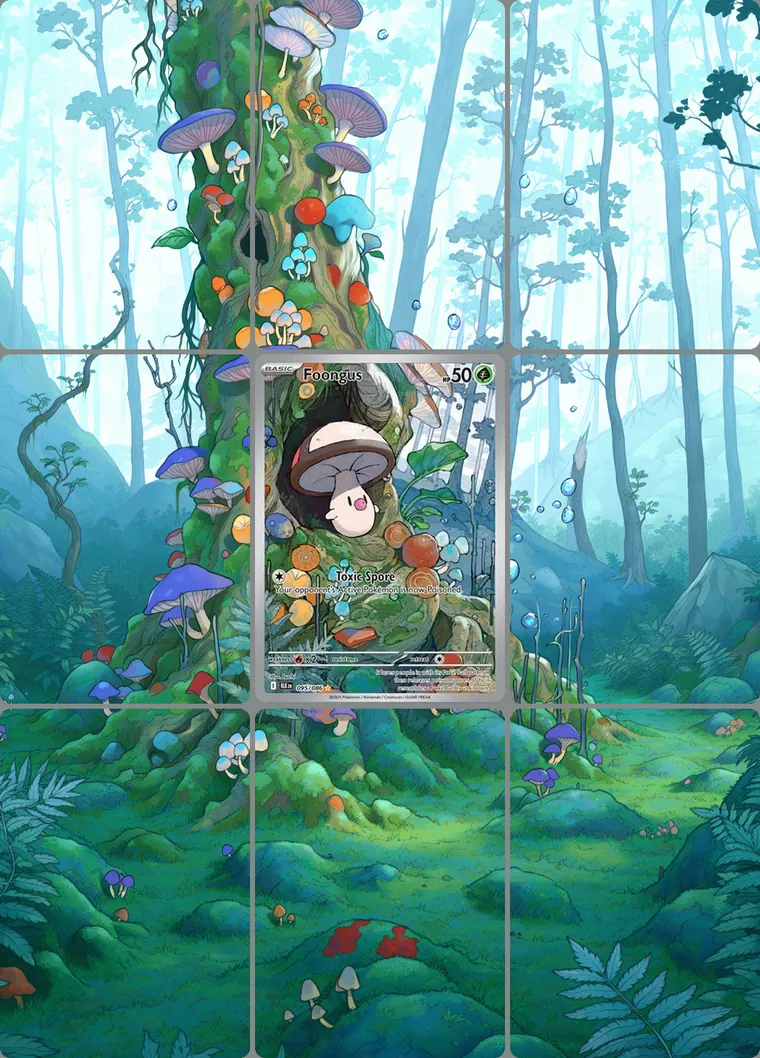 Foongus 95/86 extended binder art: the card in the centre of a 3×3 binder page, its artwork continuing across the eight cards around it