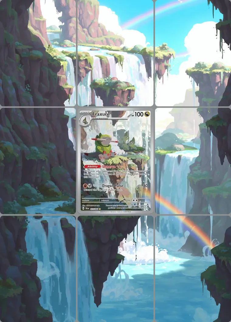Fraxure 77/64 extended binder art: the card in the centre of a 3×3 binder page, its artwork continuing across the eight cards around it