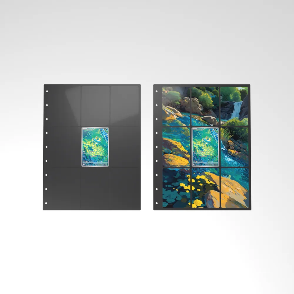 Before and after: the Froakie card alone in an empty binder page, then surrounded by its eight extended-art cards