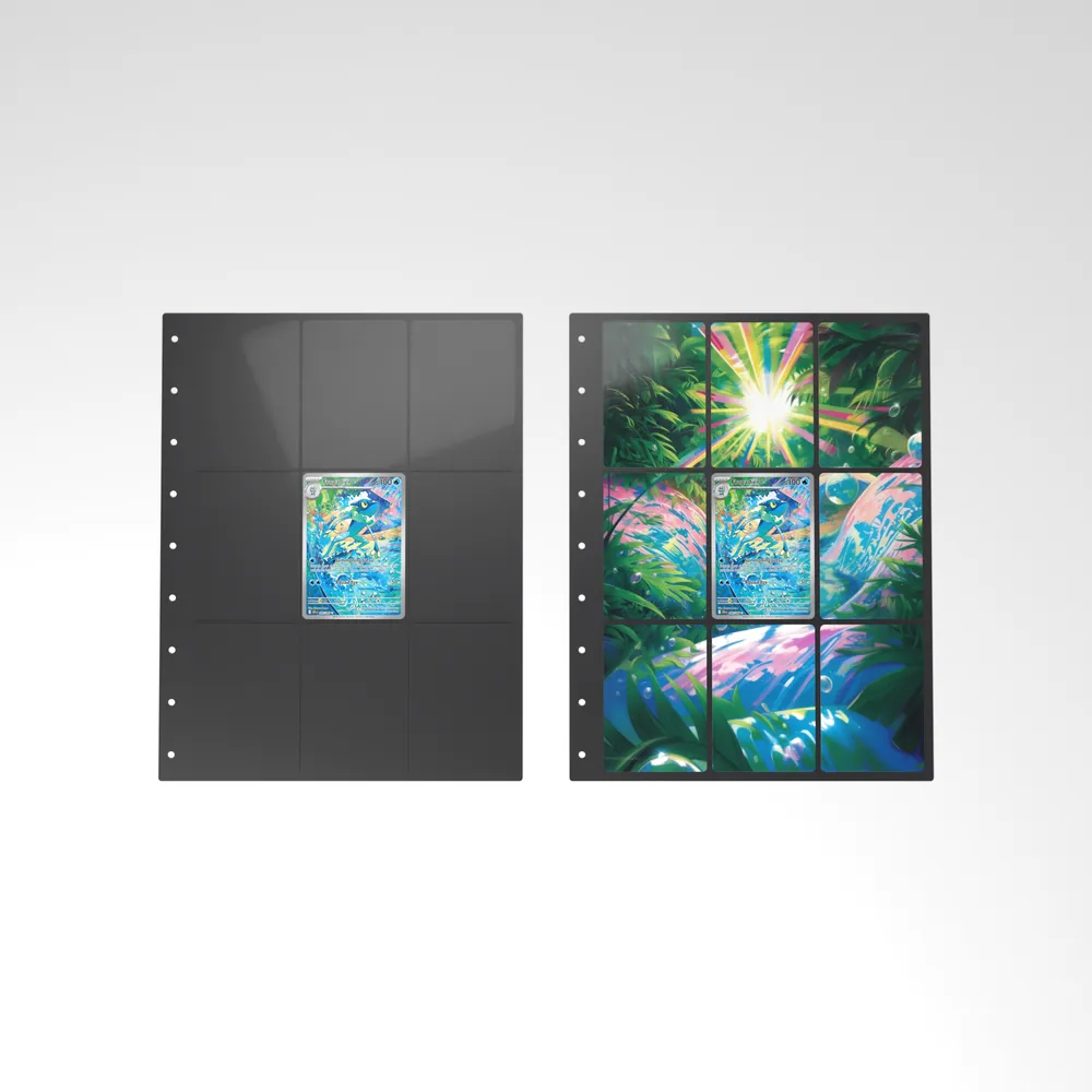 Before and after: the Frogadier card alone in an empty binder page, then surrounded by its eight extended-art cards