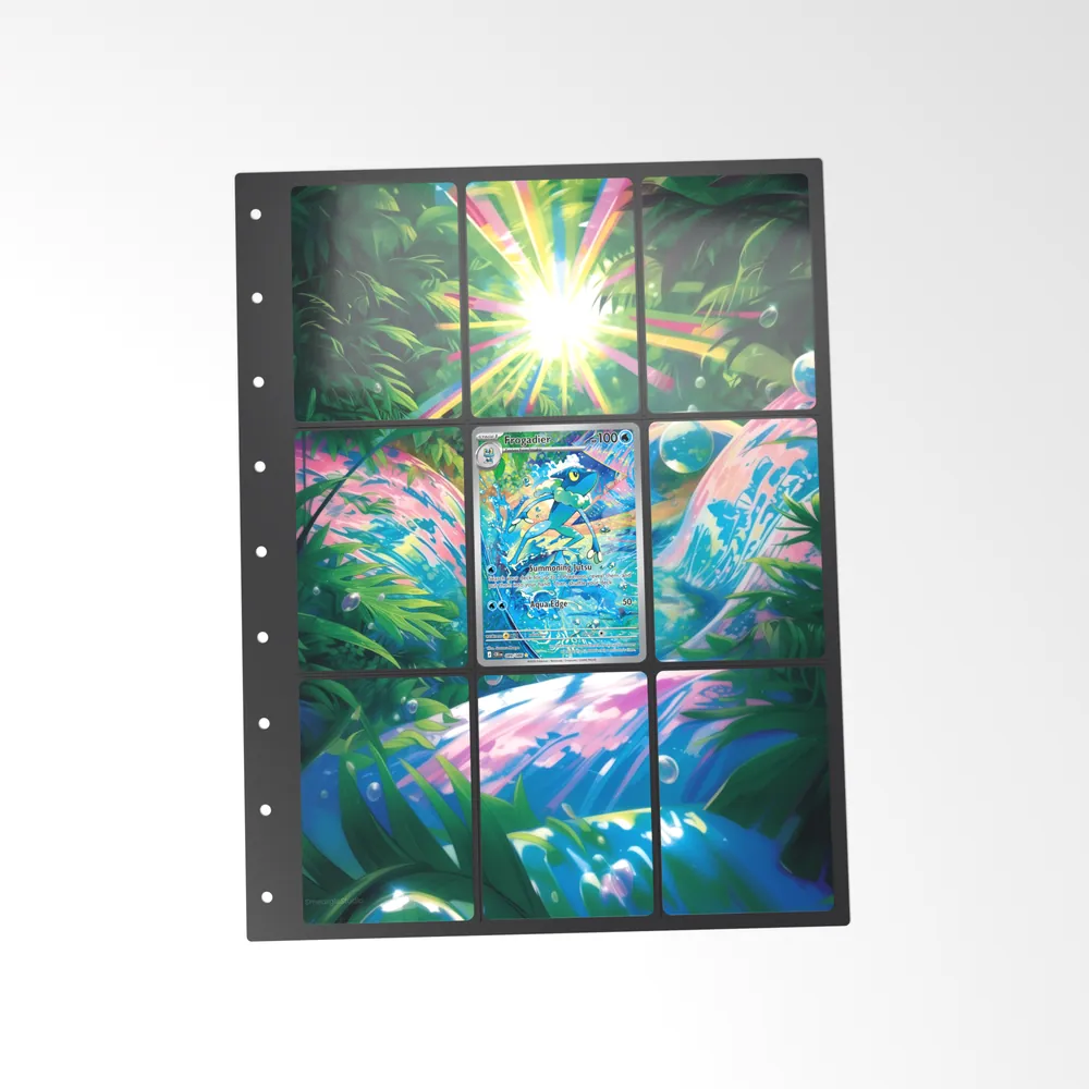 The printed Frogadier 89/86 set in a 9-pocket binder page, with the card in the centre pocket