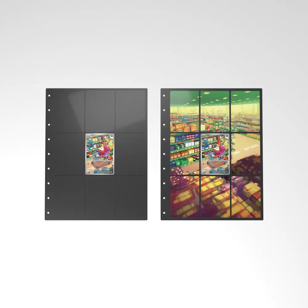 Before and after: the Fuecoco card alone in an empty binder page, then surrounded by its eight extended-art cards