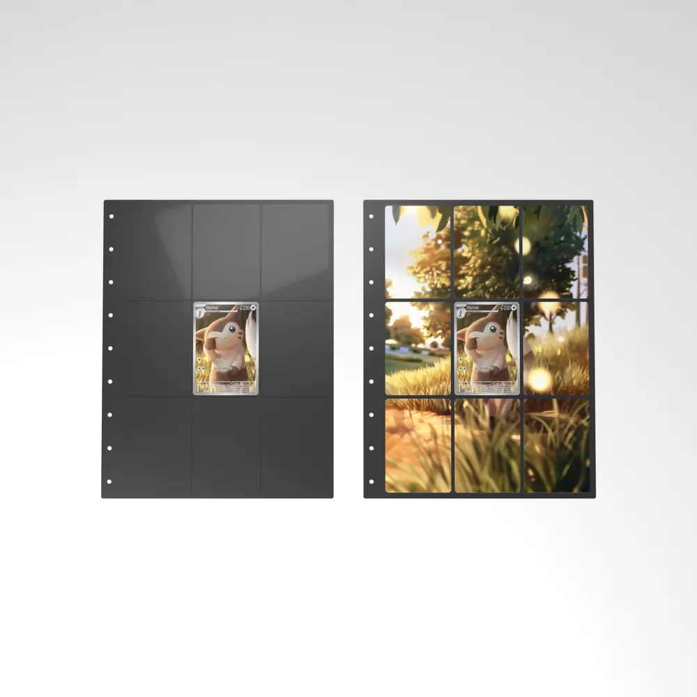Before and after: the Furret card alone in an empty binder page, then surrounded by its eight extended-art cards