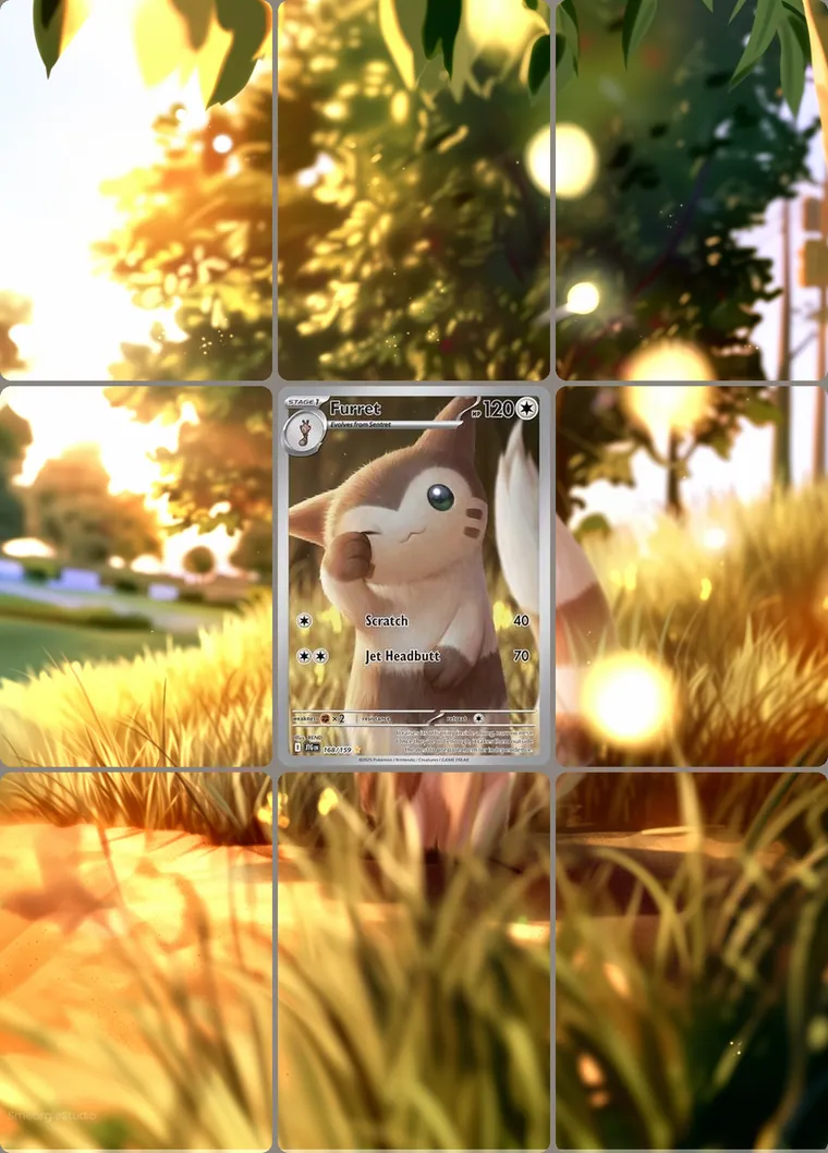 Furret 168/159 extended binder art: the card in the centre of a 3×3 binder page, its artwork continuing across the eight cards around it