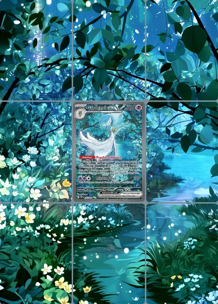 Gardevoir ex 233/91 extended binder art: the card in the centre of a 3×3 binder page, its artwork continuing across the eight cards around it