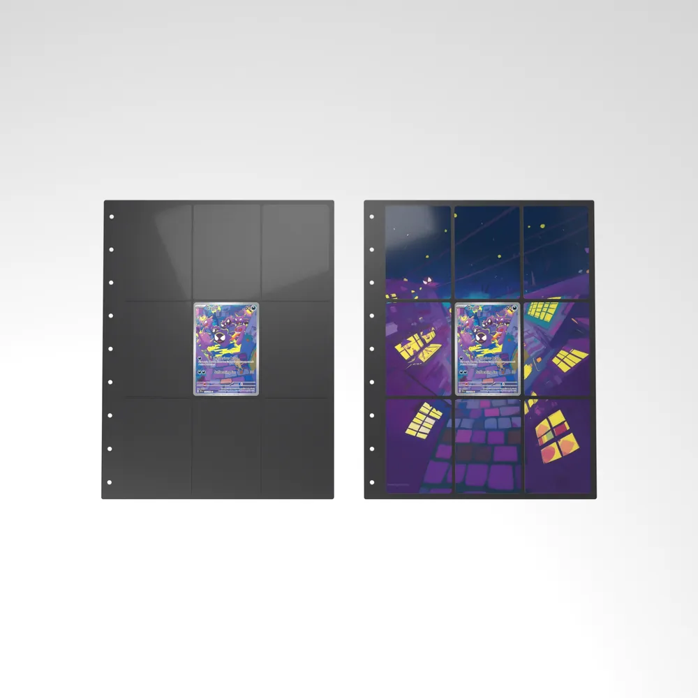 Before and after: the Gastly card alone in an empty binder page, then surrounded by its eight extended-art cards