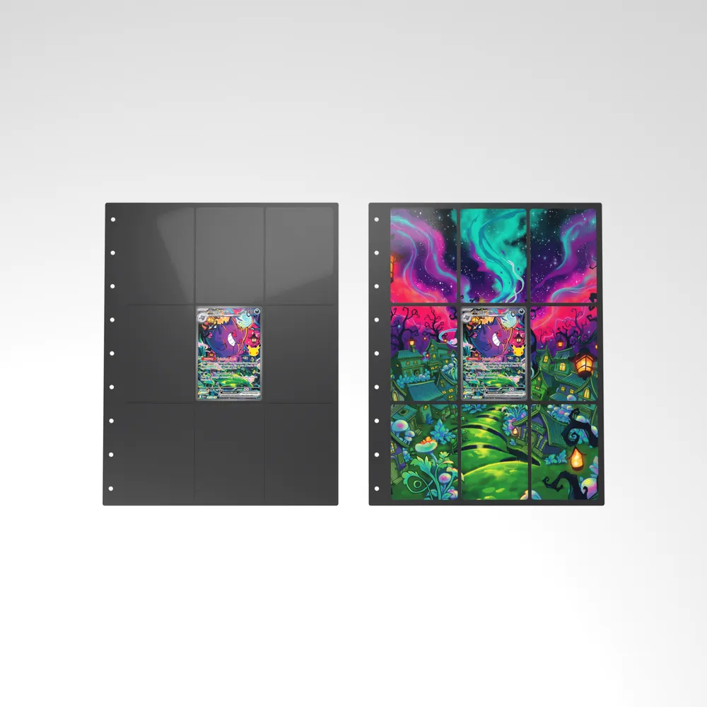 Before and after: the Gengar ex card alone in an empty binder page, then surrounded by its eight extended-art cards