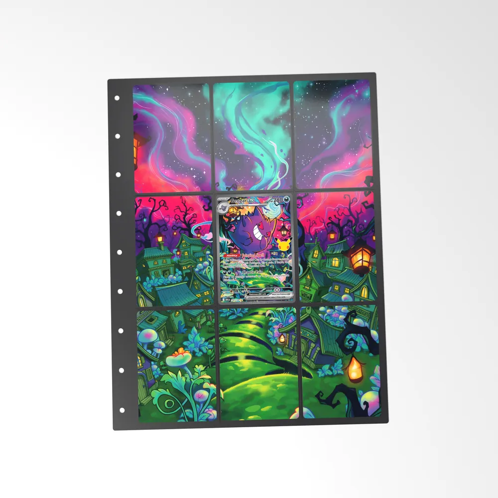 The printed Gengar ex 154/128 set in a 9-pocket binder page, with the card in the centre pocket