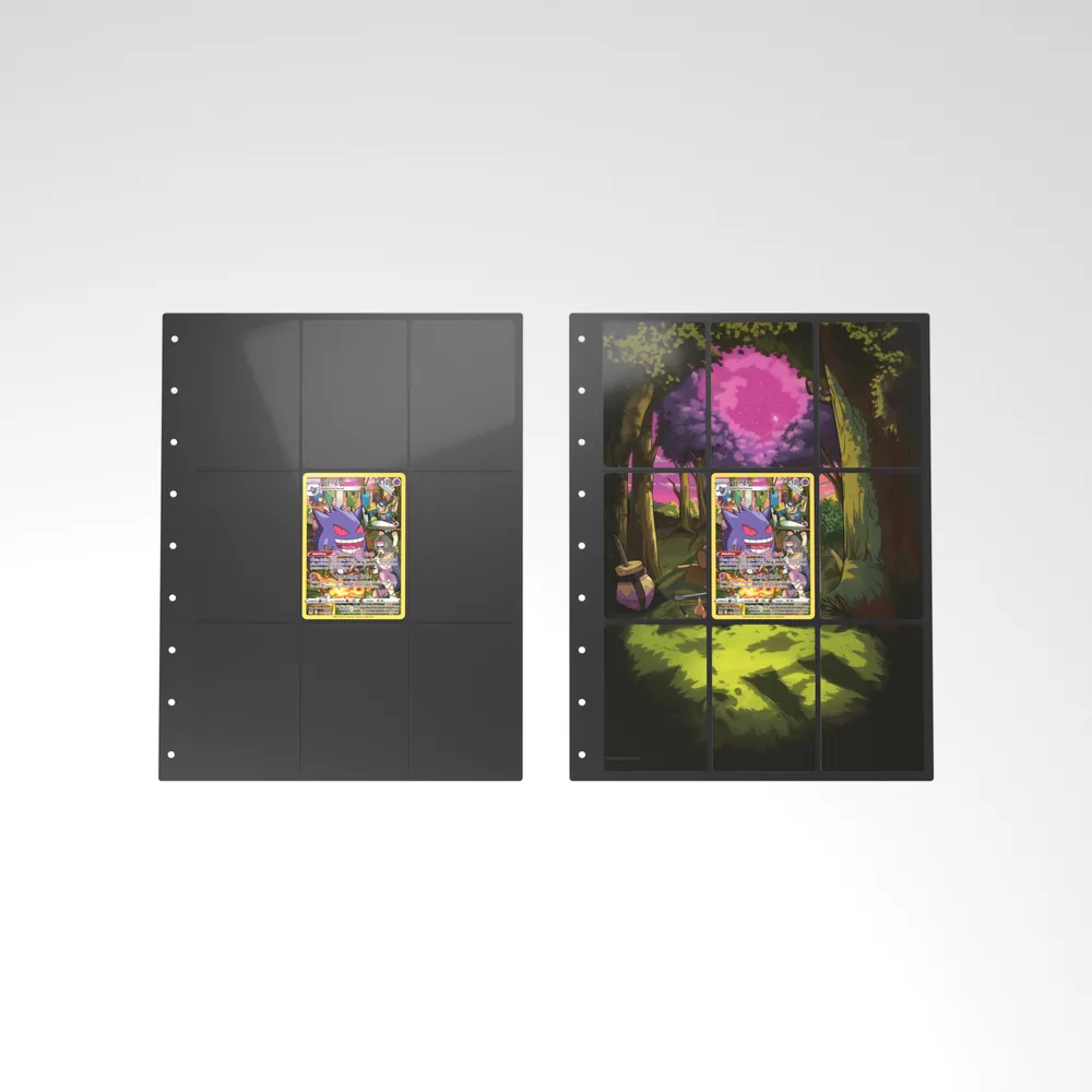 Before and after: the Gengar card alone in an empty binder page, then surrounded by its eight extended-art cards