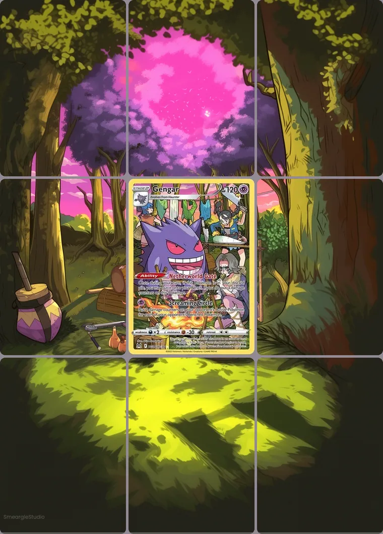Gengar TG06/TG30 extended binder art: the card in the centre of a 3×3 binder page, its artwork continuing across the eight cards around it