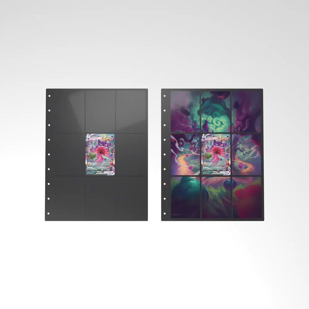 Before and after: the Gengar VMAX card alone in an empty binder page, then surrounded by its eight extended-art cards