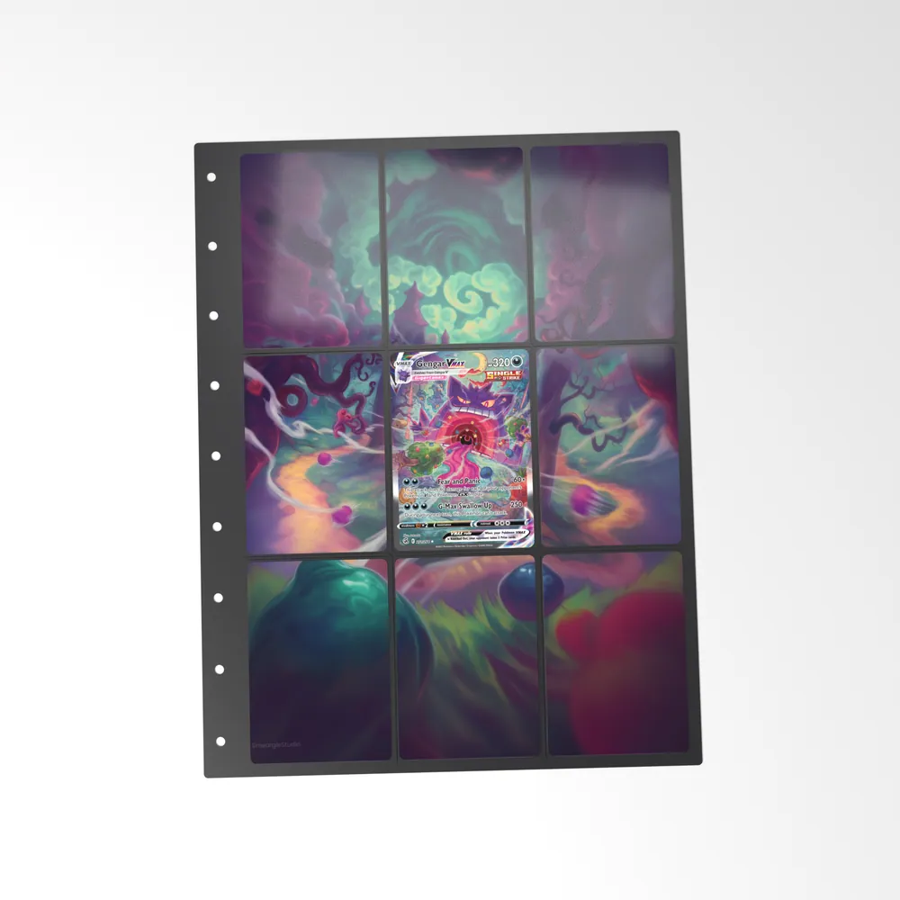 The printed Gengar VMAX 271/264 set in a 9-pocket binder page, with the card in the centre pocket