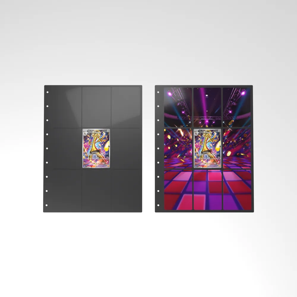Before and after: the Gholdengo card alone in an empty binder page, then surrounded by its eight extended-art cards