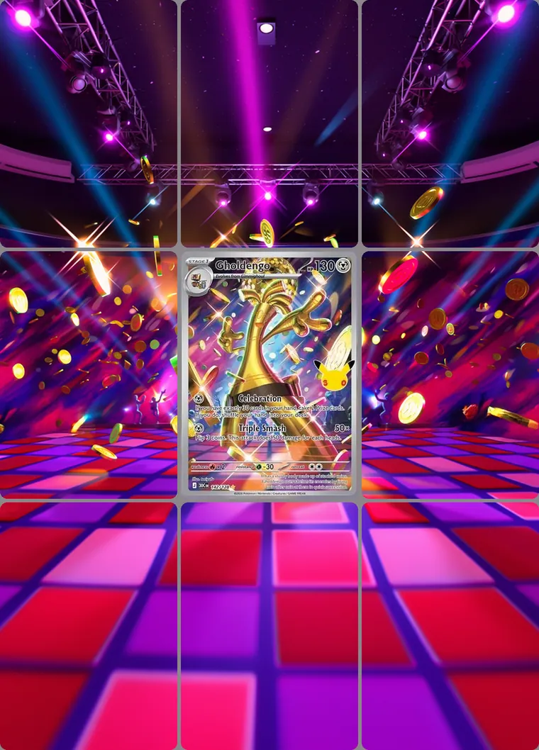 Gholdengo 142/128 extended binder art: the card in the centre of a 3×3 binder page, its artwork continuing across the eight cards around it