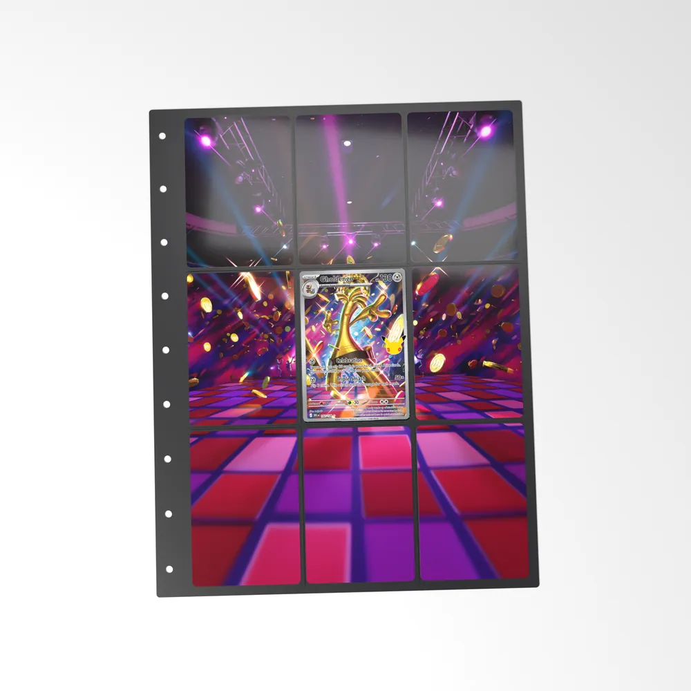 The printed Gholdengo 142/128 set in a 9-pocket binder page, with the card in the centre pocket