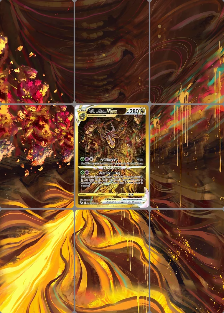Giratina VSTAR GG69/GG70 extended binder art: the card in the centre of a 3×3 binder page, its artwork continuing across the eight cards around it