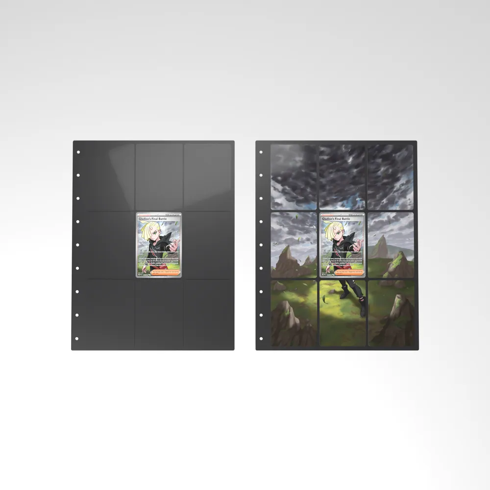 Before and after: the Gladion's Final Battle card alone in an empty binder page, then surrounded by its eight extended-art cards
