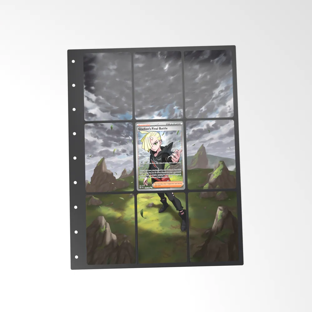 The printed Gladion's Final Battle 108 set in a 9-pocket binder page, with the card in the centre pocket