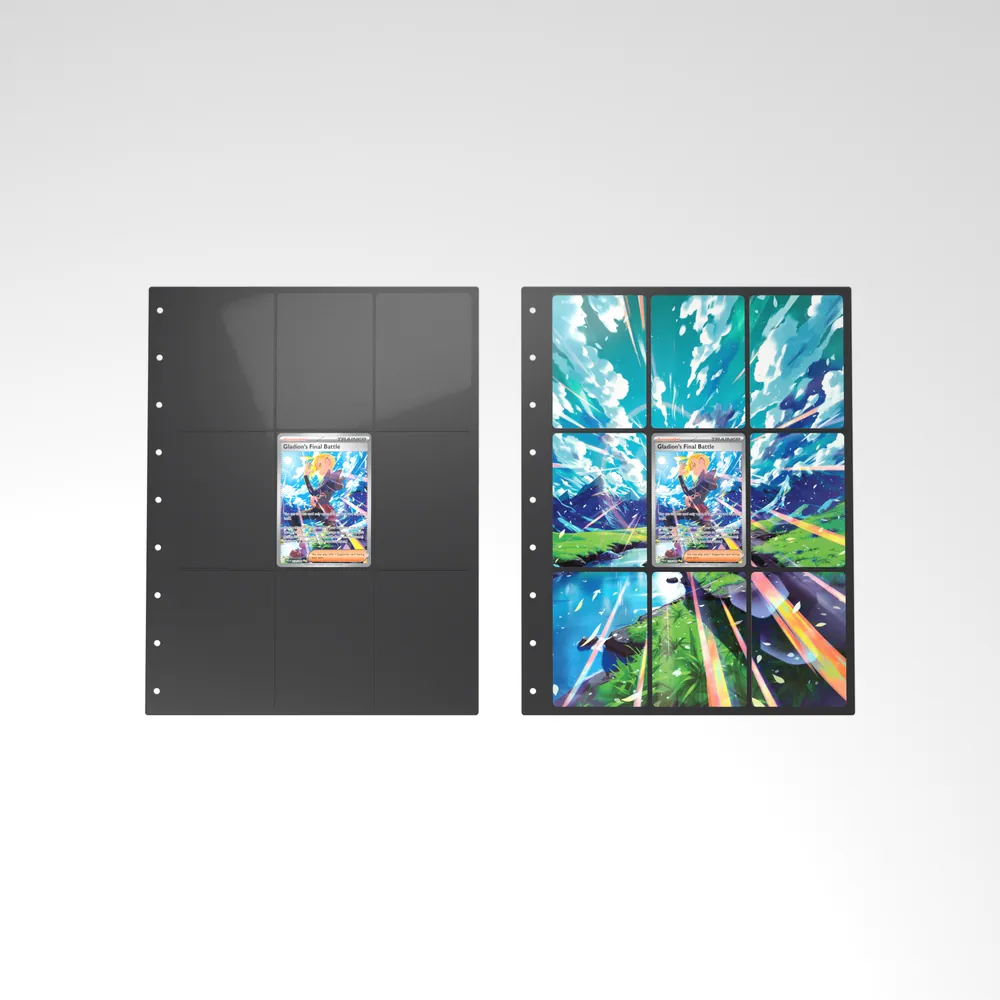 Before and after: the Gladion's Final Battle card alone in an empty binder page, then surrounded by its eight extended-art cards