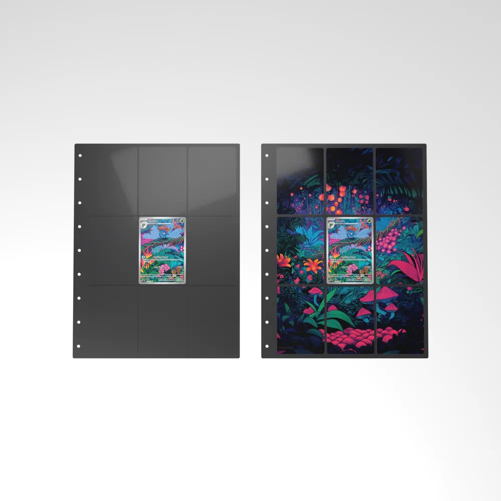 Before and after: the Gloom card alone in an empty binder page, then surrounded by its eight extended-art cards