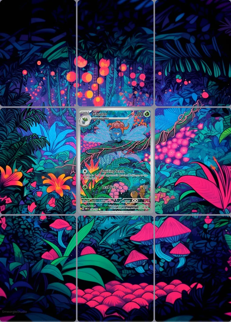 Gloom 198/197 extended binder art: the card in the centre of a 3×3 binder page, its artwork continuing across the eight cards around it