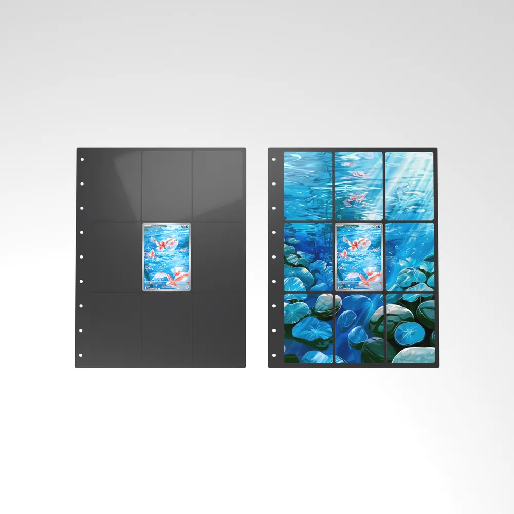 Before and after: the Goldeen card alone in an empty binder page, then surrounded by its eight extended-art cards