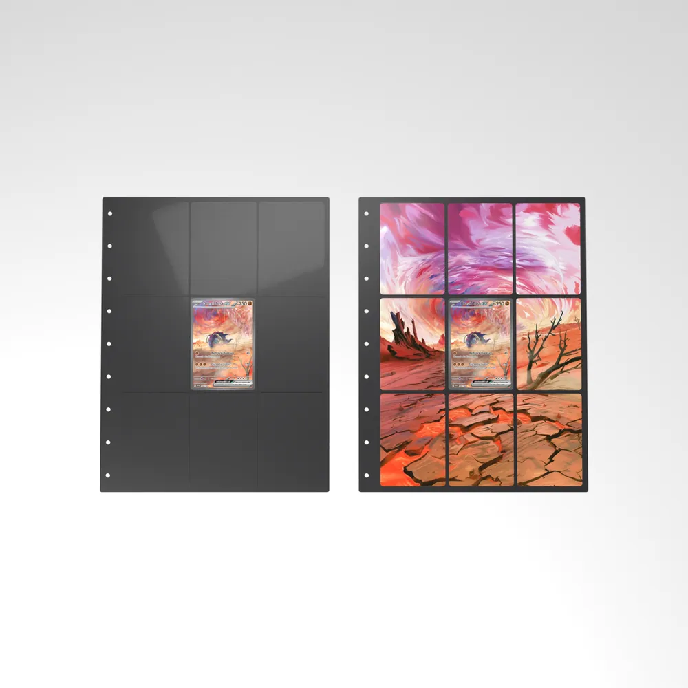Before and after: the Great Tusk ex card alone in an empty binder page, then surrounded by its eight extended-art cards