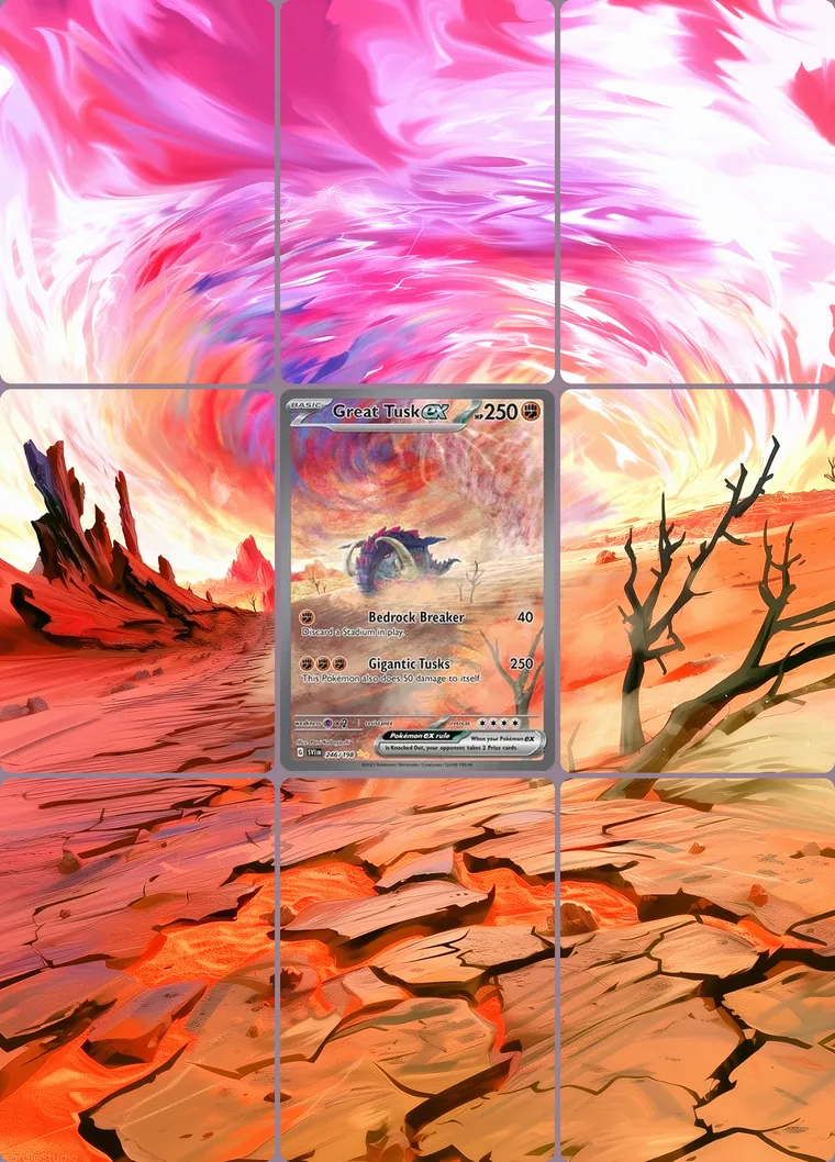 Great Tusk ex 246/198 extended binder art: the card in the centre of a 3×3 binder page, its artwork continuing across the eight cards around it