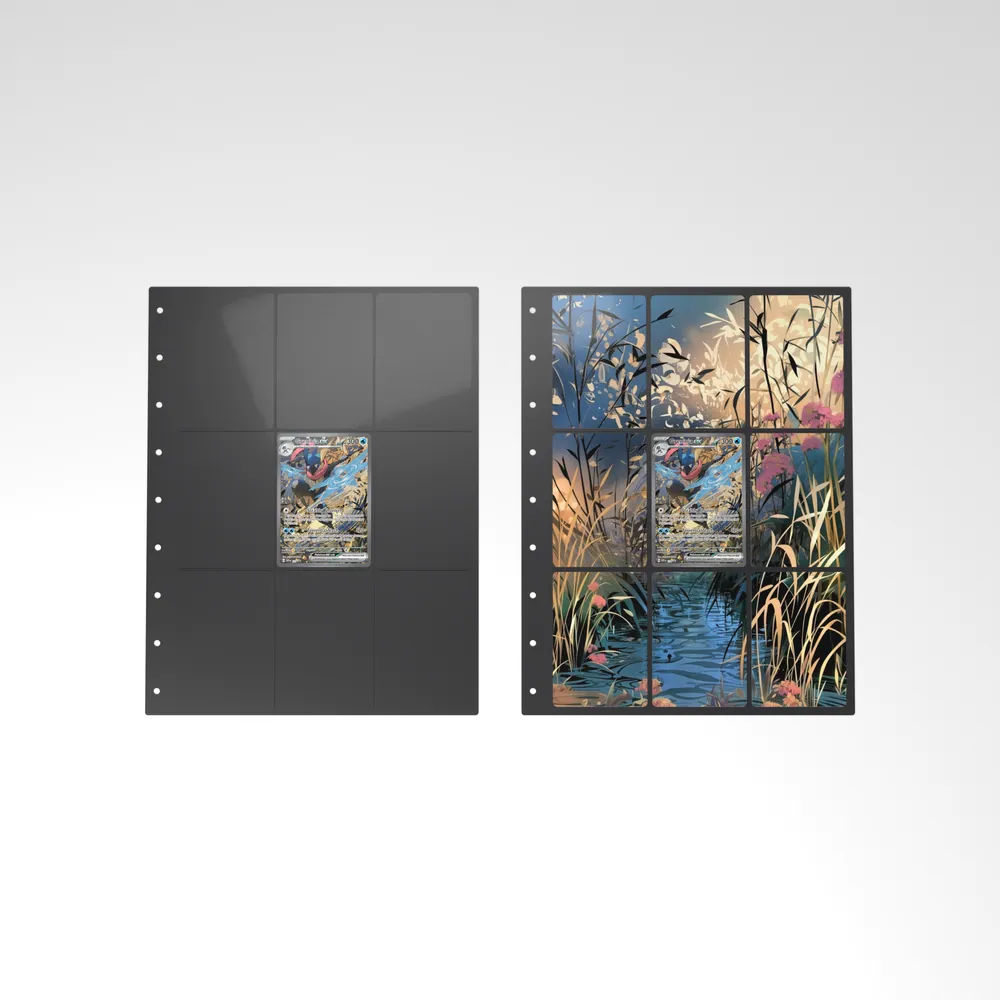 Before and after: the Greninja ex card alone in an empty binder page, then surrounded by its eight extended-art cards