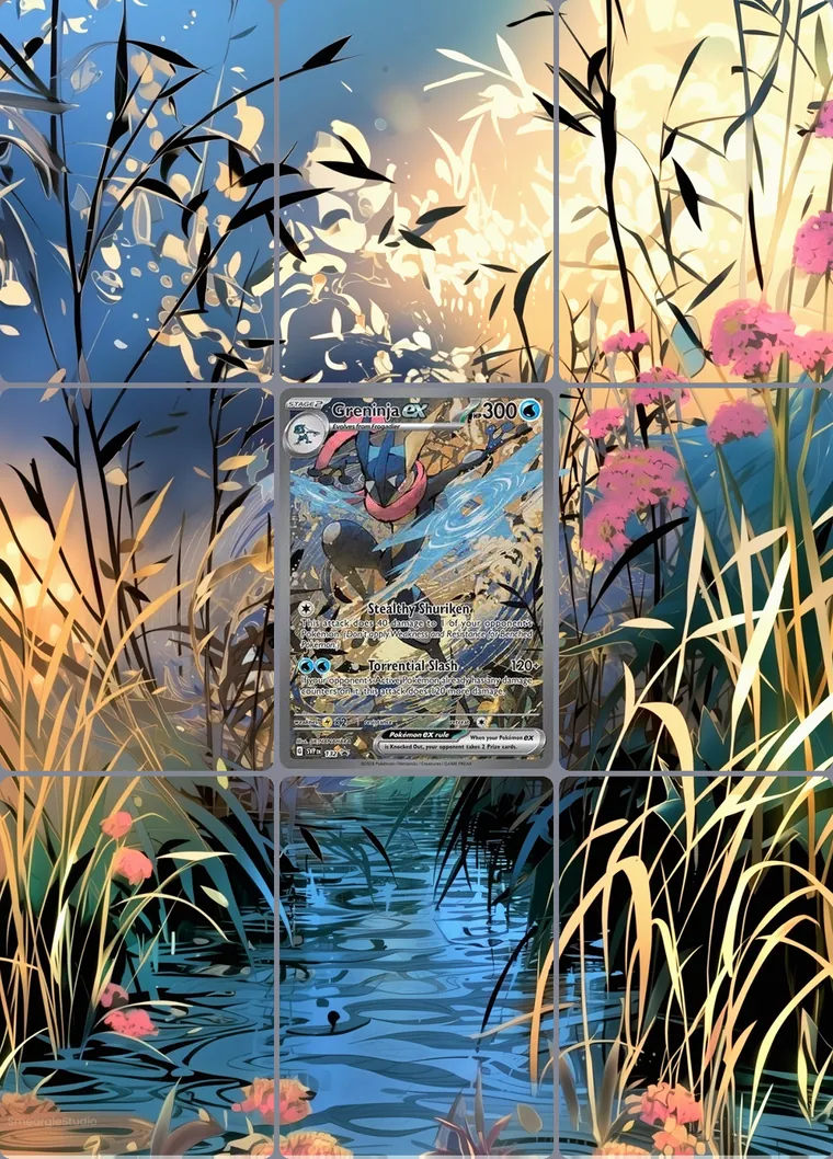 Greninja ex 132 extended binder art: the card in the centre of a 3×3 binder page, its artwork continuing across the eight cards around it