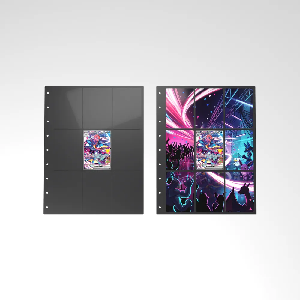 Before and after: the Greninja ex card alone in an empty binder page, then surrounded by its eight extended-art cards