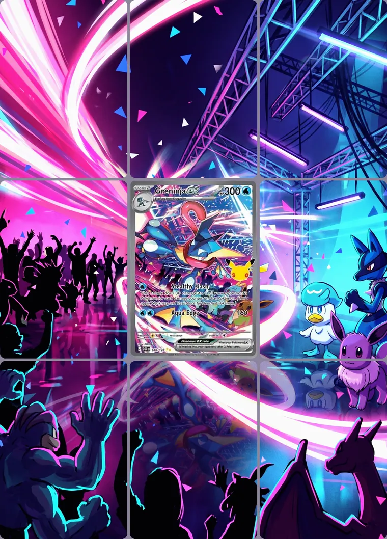 Greninja ex 148/128 extended binder art: the card in the centre of a 3×3 binder page, its artwork continuing across the eight cards around it
