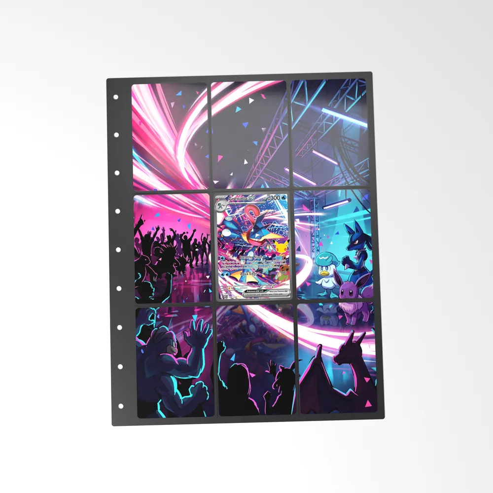 The printed Greninja ex 148/128 set in a 9-pocket binder page, with the card in the centre pocket