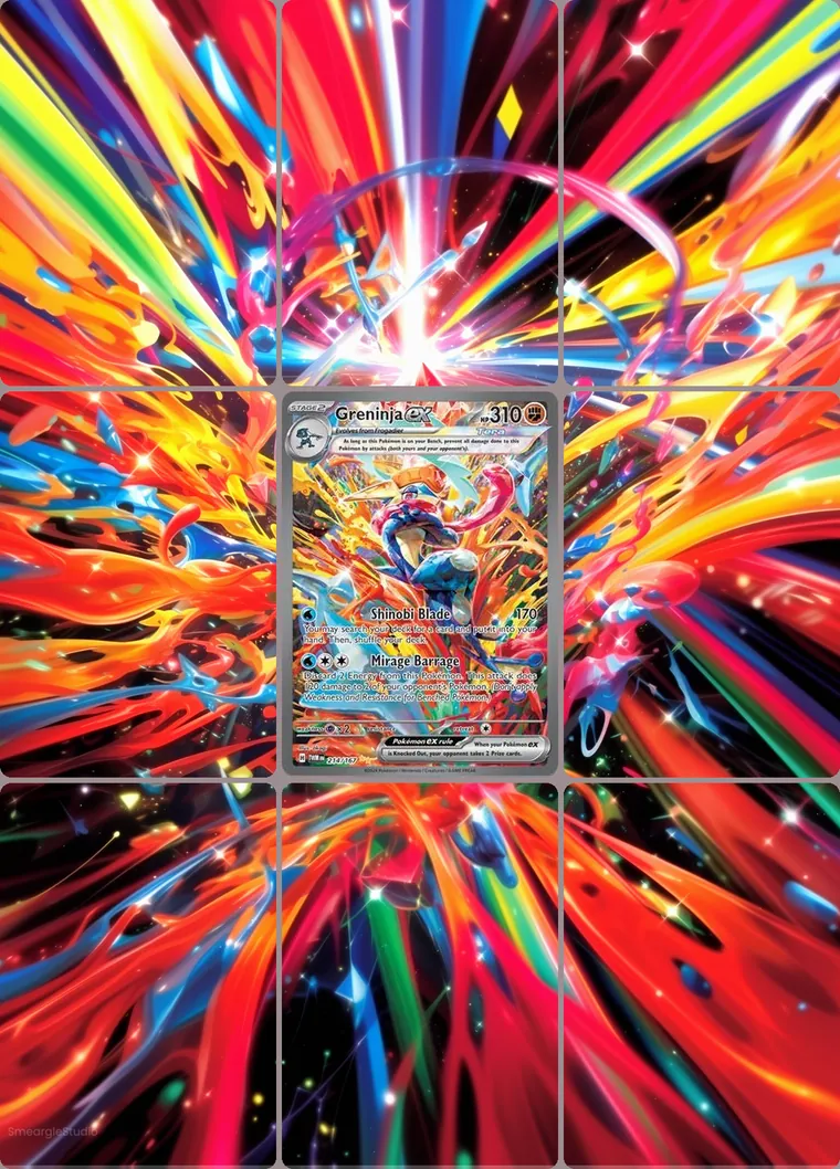 Greninja ex 214/167 extended binder art: the card in the centre of a 3×3 binder page, its artwork continuing across the eight cards around it