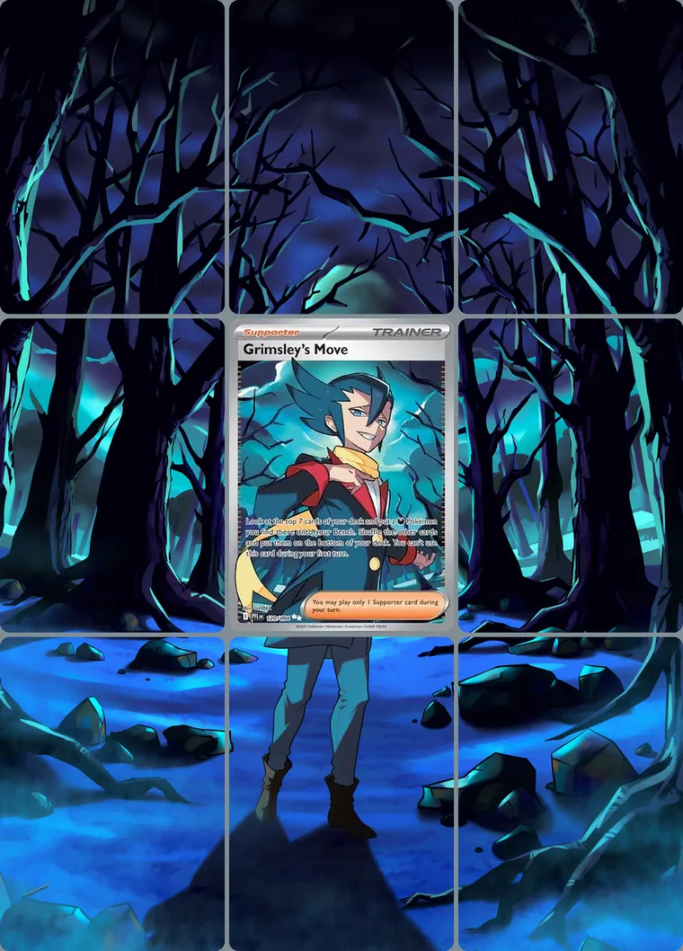 Grimsley's Move 120/94 extended binder art: the card in the centre of a 3×3 binder page, its artwork continuing across the eight cards around it