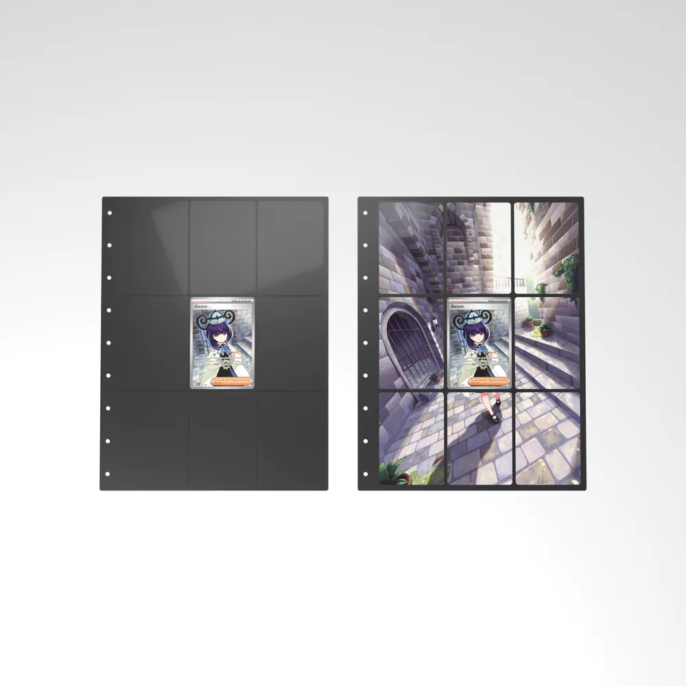 Before and after: the Gwynn card alone in an empty binder page, then surrounded by its eight extended-art cards