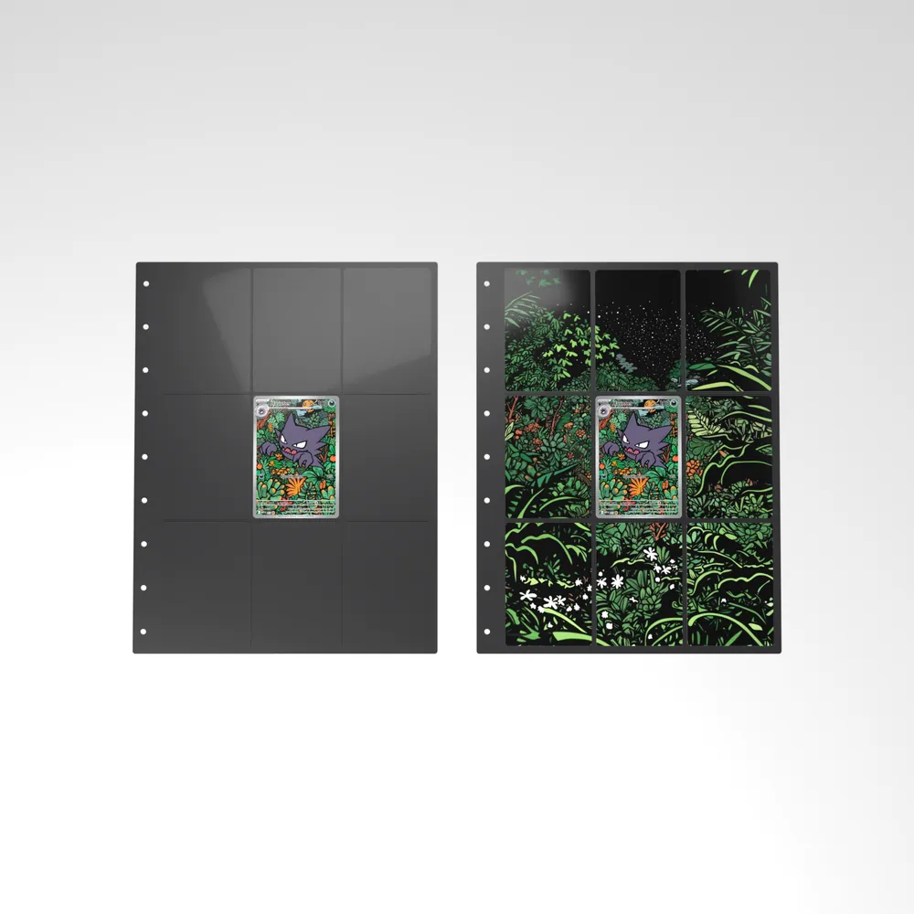 Before and after: the Haunter card alone in an empty binder page, then surrounded by its eight extended-art cards