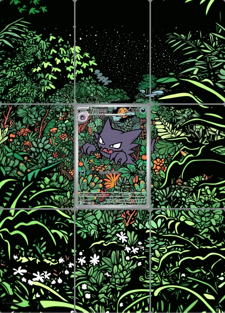 Haunter 27 extended binder art: the card in the centre of a 3×3 binder page, its artwork continuing across the eight cards around it