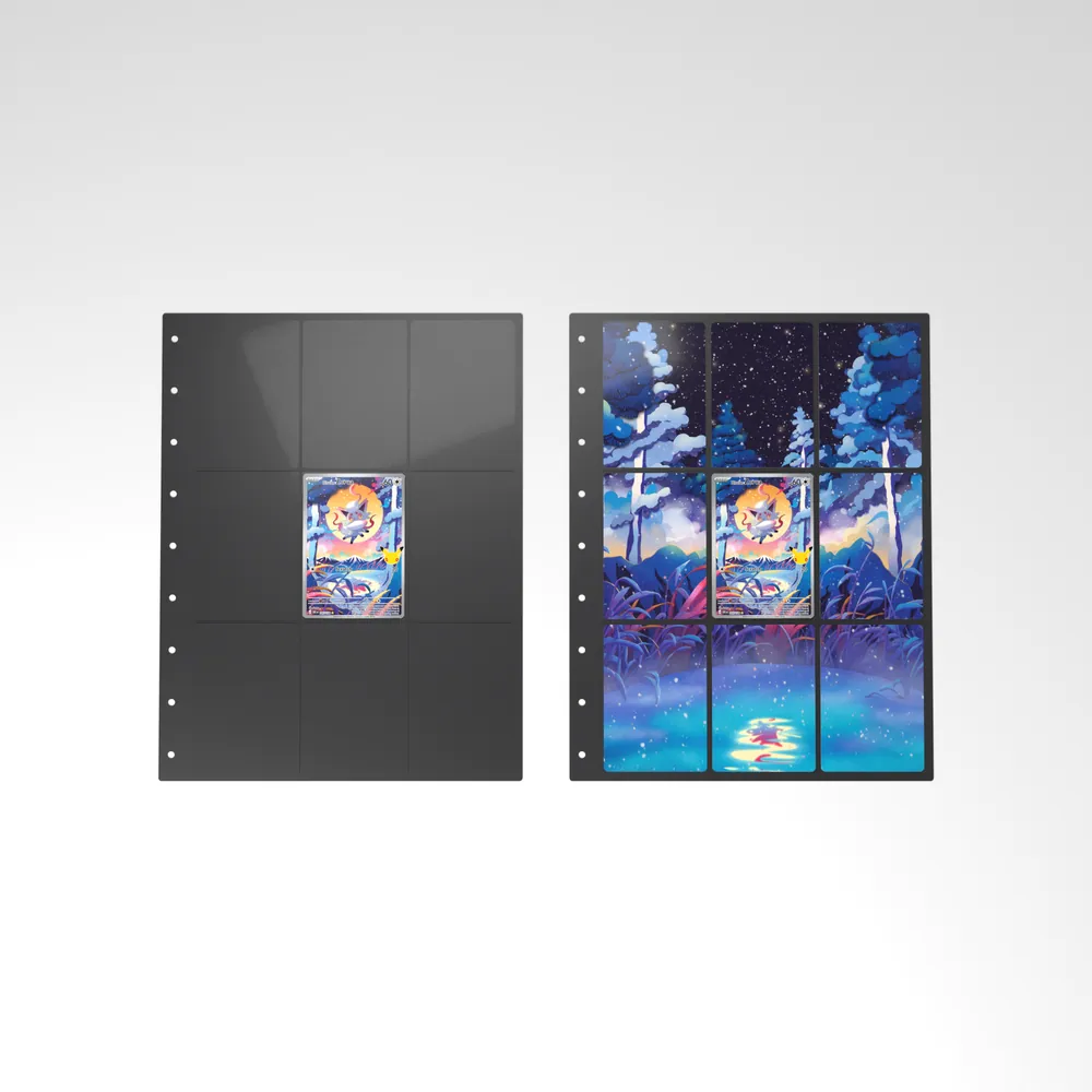 Before and after: the Hisuian Zorua card alone in an empty binder page, then surrounded by its eight extended-art cards