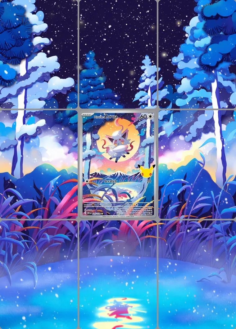 Hisuian Zorua 145/128 extended binder art: the card in the centre of a 3×3 binder page, its artwork continuing across the eight cards around it