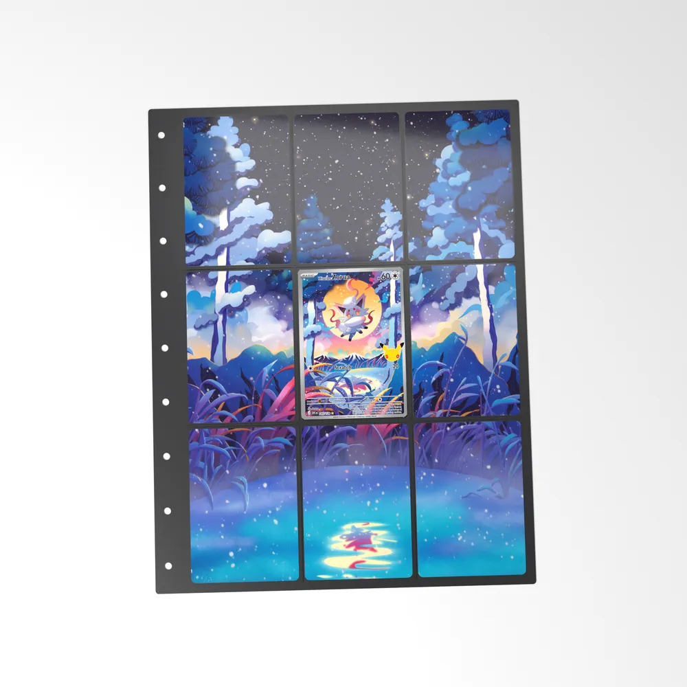 The printed Hisuian Zorua 145/128 set in a 9-pocket binder page, with the card in the centre pocket
