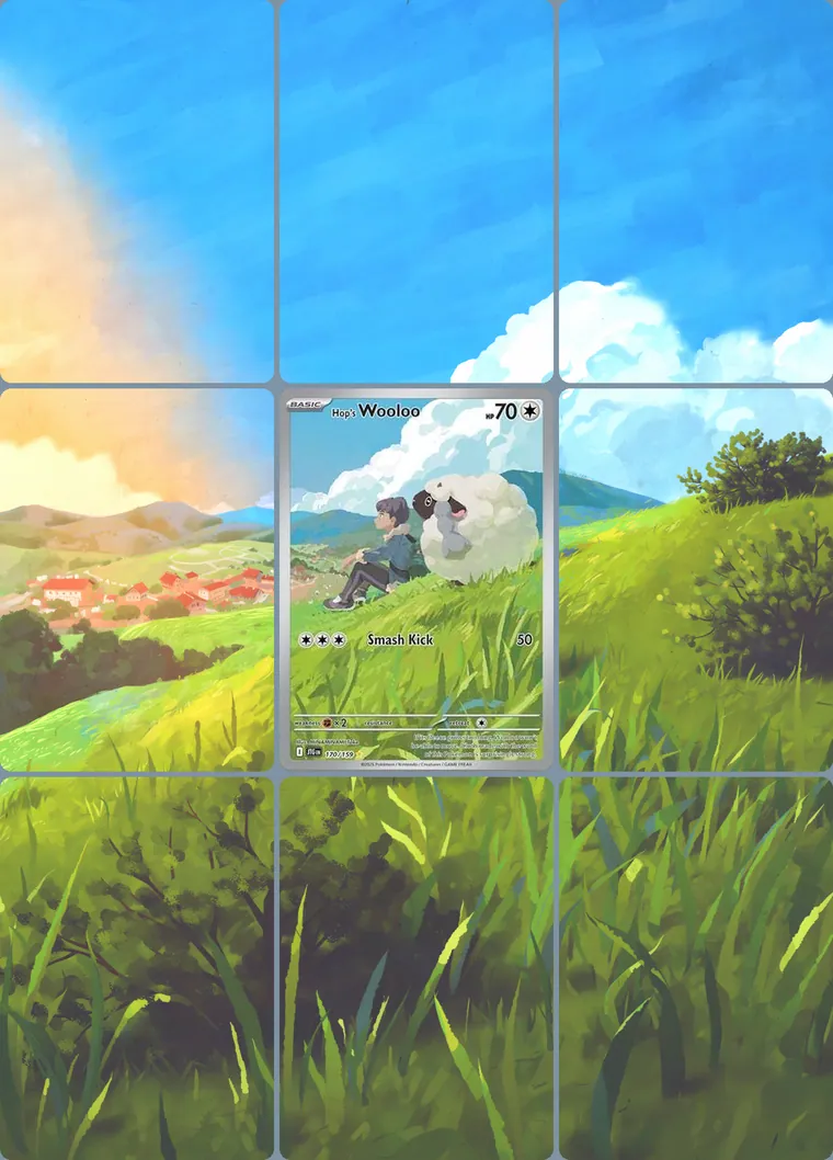 Hop's Wooloo 170/159 extended binder art: the card in the centre of a 3×3 binder page, its artwork continuing across the eight cards around it
