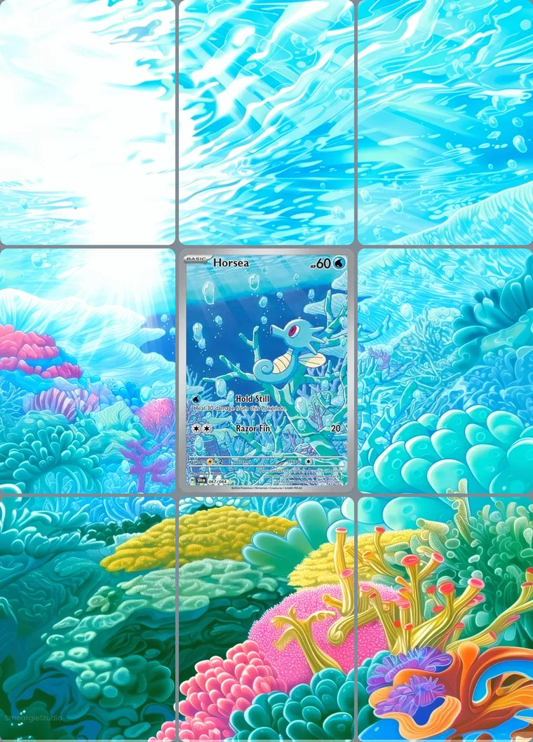 Horsea 67/64 extended binder art: the card in the centre of a 3×3 binder page, its artwork continuing across the eight cards around it